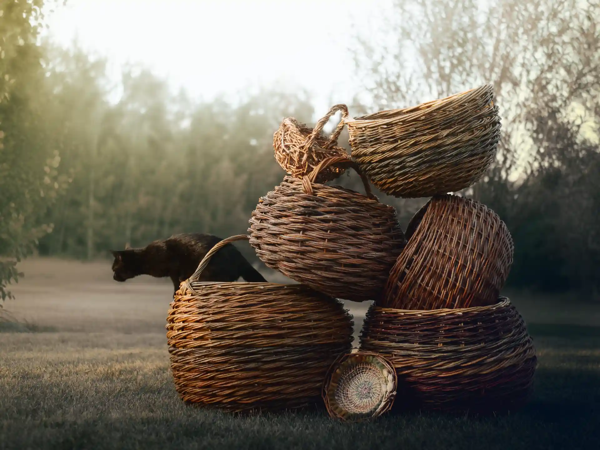 A pile of woven willow baskets in low evening sun, with a dark cat stepping out from behind them.